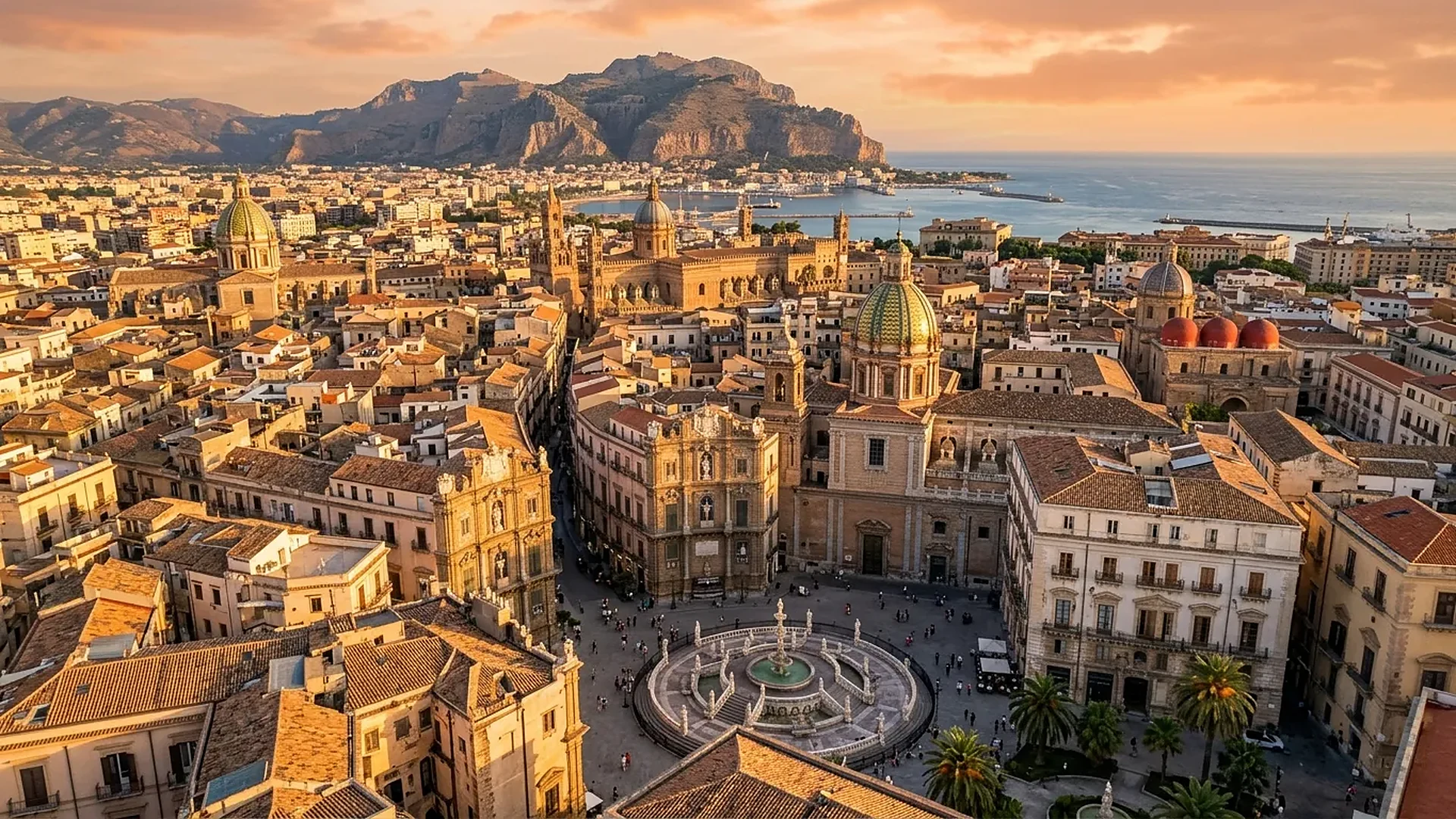 Vista aerea dei tetti del centro storico di Palermo al tramonto